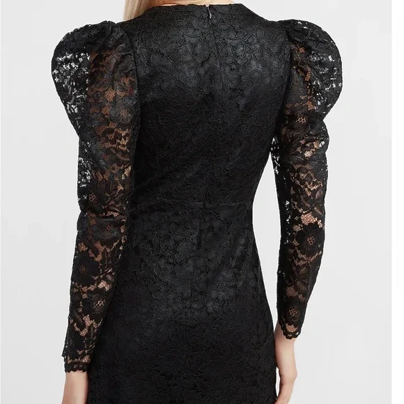 NWT EXPRESS Black Lace Puff Sleeve Fit and Flare Dress - Picture 4 of 9